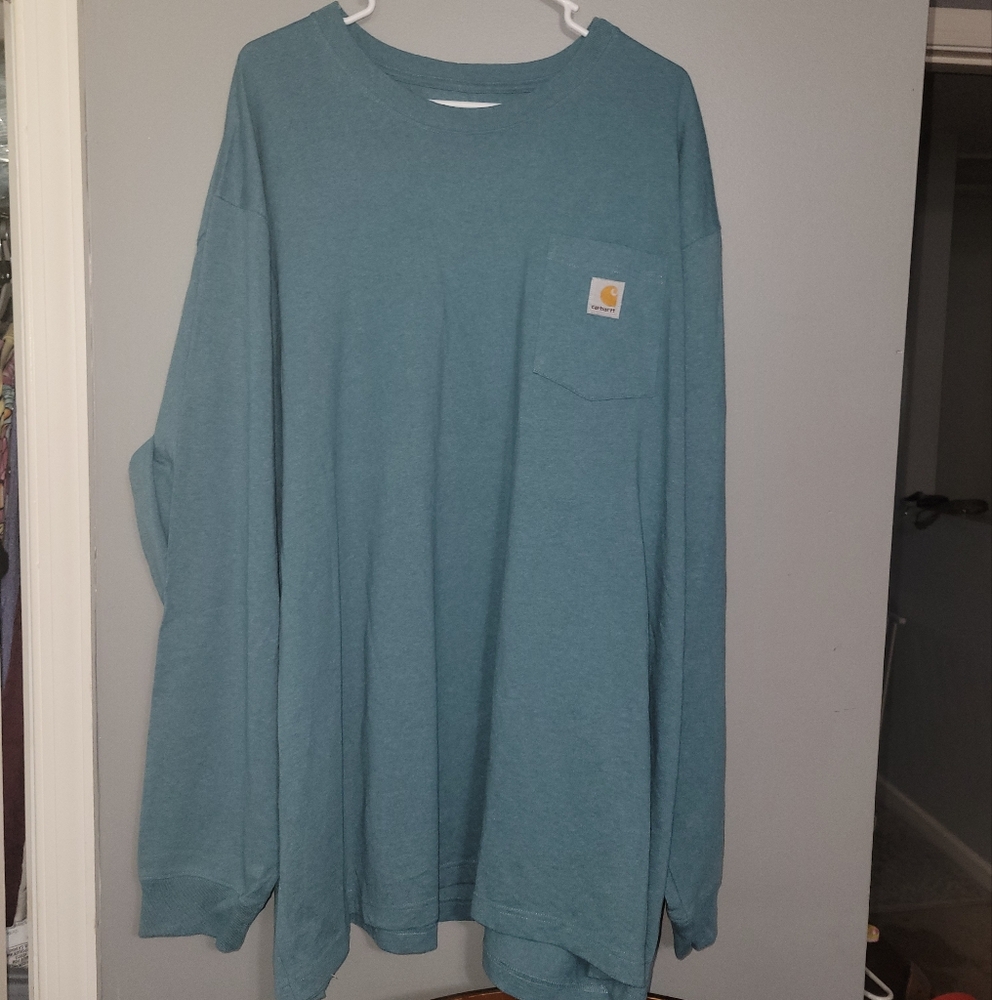 Carhartt Shirt Mens 3XL Green Loose Fit Pocket Tees Spellout Logo Long Sleeve